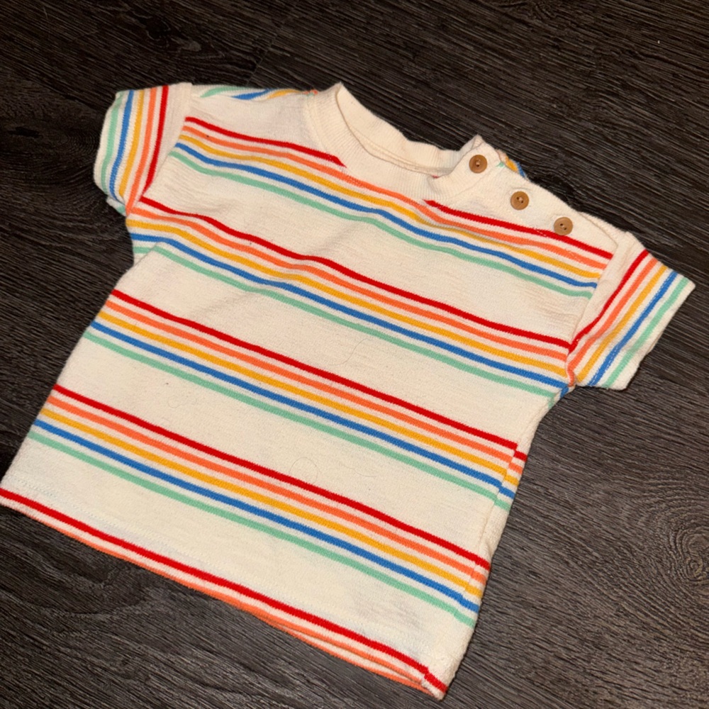 🌈 Colorful Rainbow Striped Kids Retro Button Shoulder T-Shirt Baby 6-12 Tee